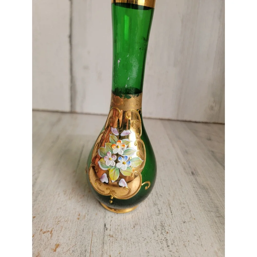 Bohemian Czech flower bud green vase glass Floral centerpiece Unique Home